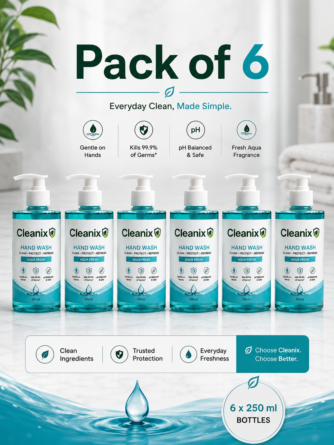 Pack of 6 Cleanix Aqua Handwash | Clean | Refresh