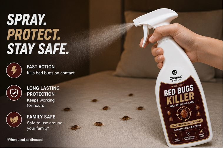 Bed bugs killer spray with before and after images, product packaging, and usage scenarios.
