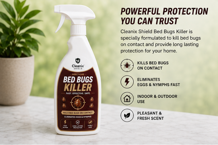 Bed bugs killer spray with before and after images, product packaging, and usage scenarios.