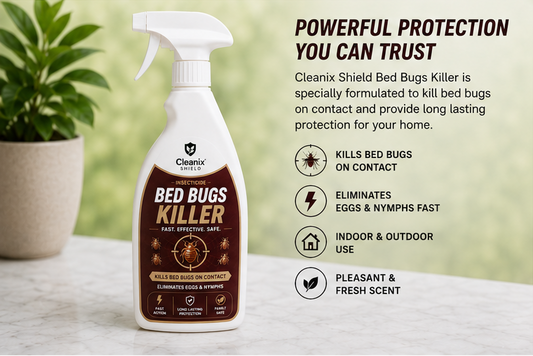 Bed bugs killer spray with before and after images, product packaging, and usage scenarios.